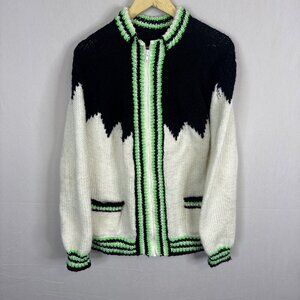 Vintage Hand Knit Zip Sweater Women’s L Black White Neon‎ Green